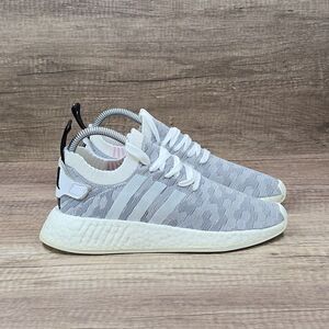 Adidas NMD_R2 Primeknit Women's Size 6.5 Gray White Pink Running Shoes (BY9520)